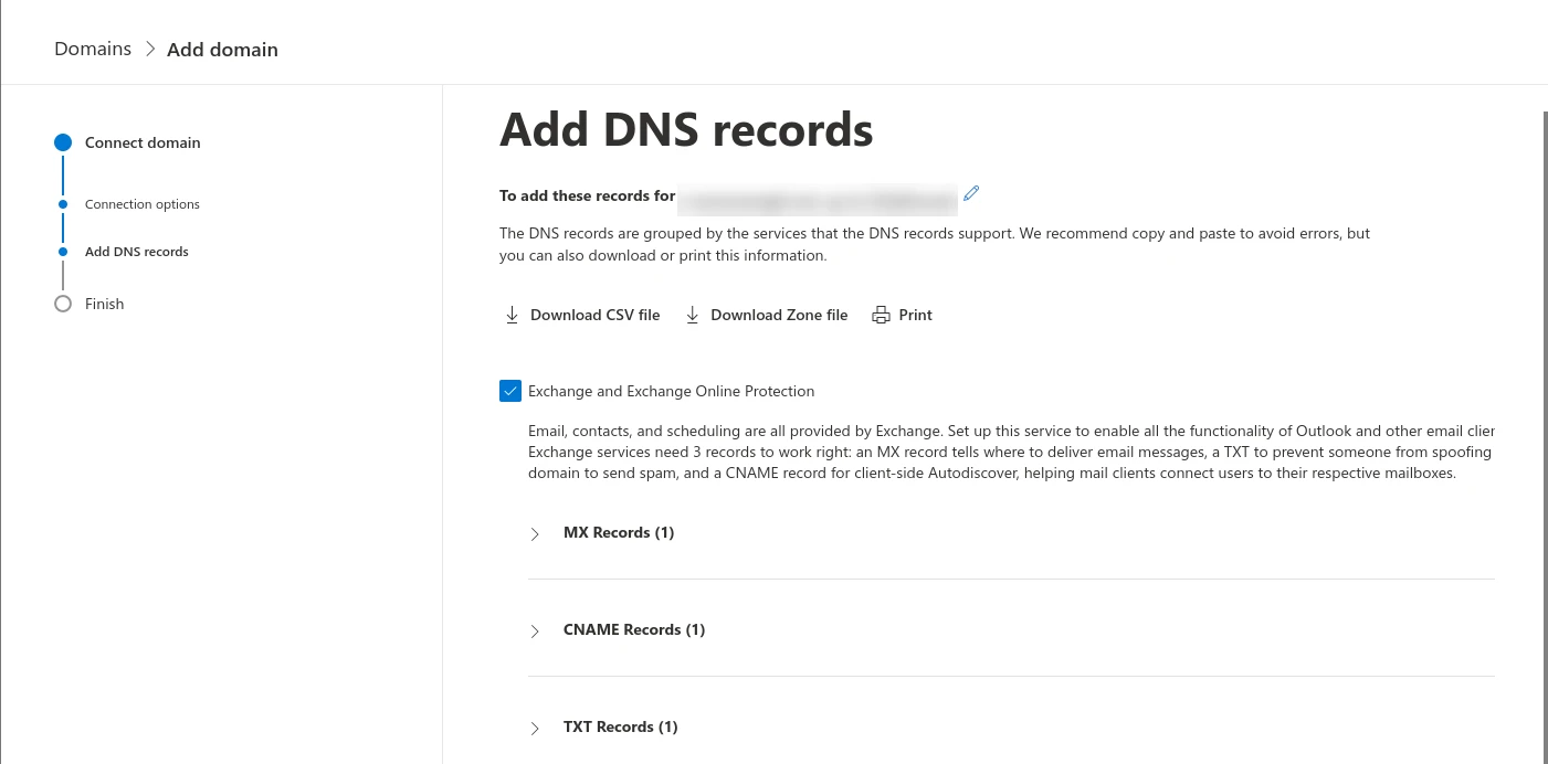 La página 'Agregar registros DNS' para configurar un dominio personalizado con una dirección de correo electrónico empresarial de Microsoft 365.