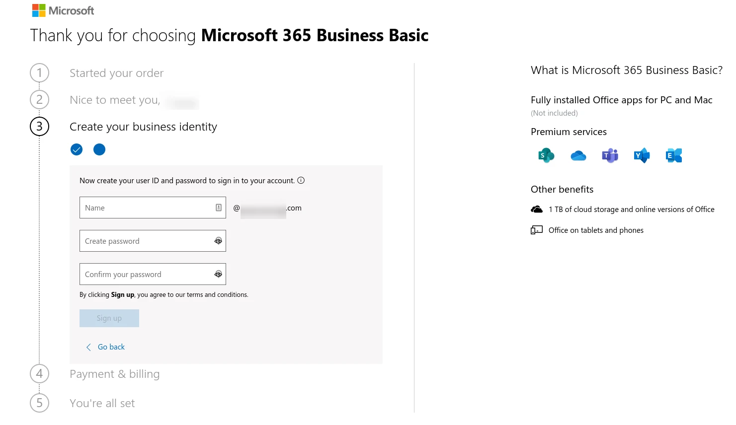 Formularul pentru a crea un ID de utilizator și o parolă pentru Microsoft 365.