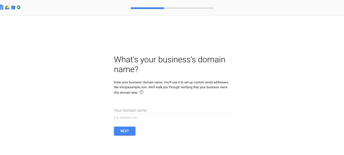 Tempat memasukkan nama domain bisnis Anda saat menyiapkan akun G Suite.