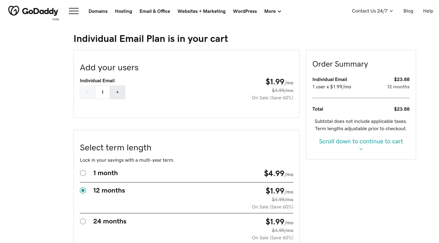 A página de compra do plano de e-mail individual GoDaddy.