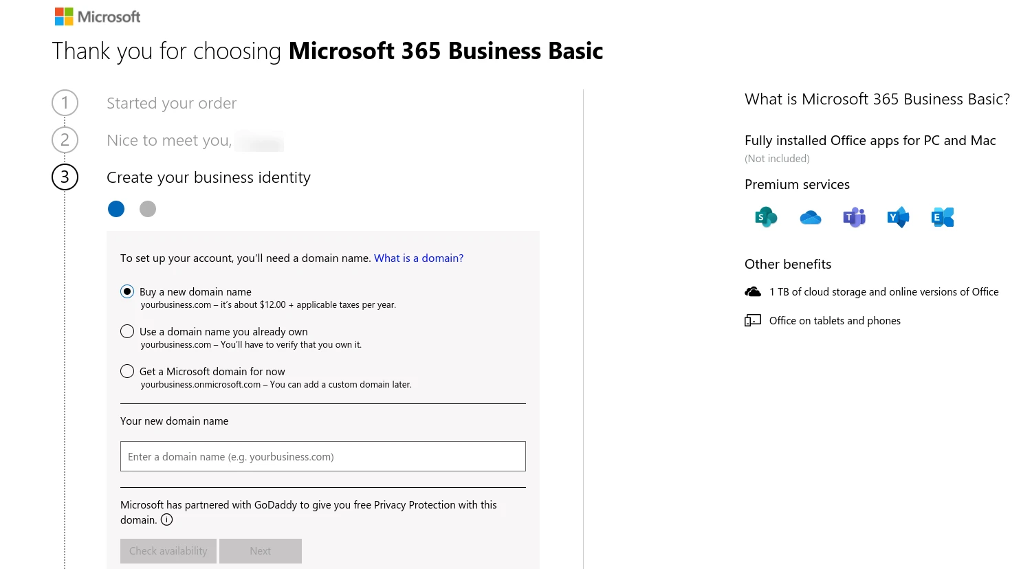 Opsi untuk menggunakan nama domain untuk membuat alamat email bisnis Microsoft 365.