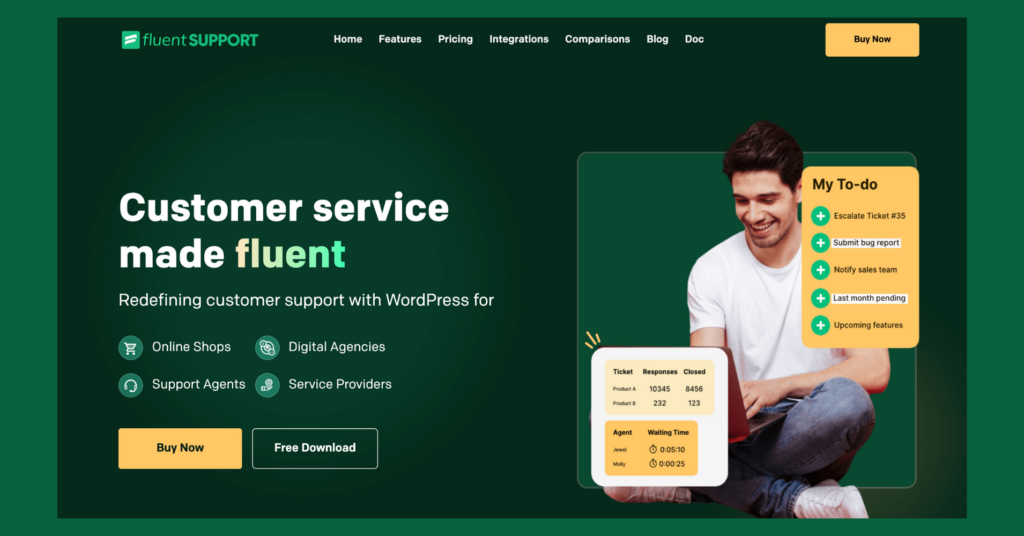 Screenshot der Fluent-Support-Homepage