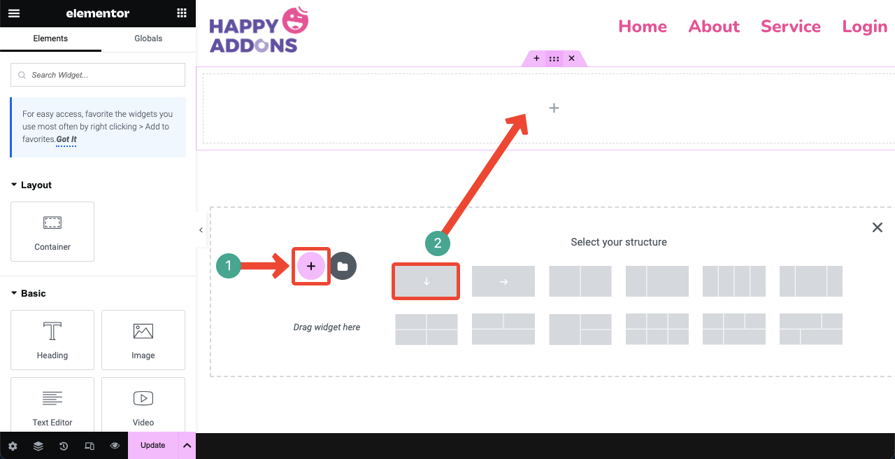 Select a structure for placing widget