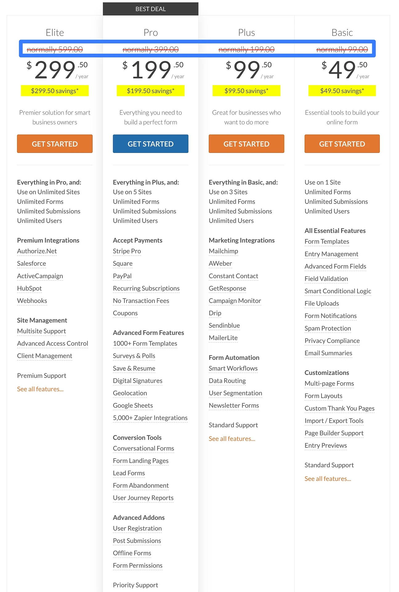 WPForms の価格と Contact Form 7 の比較。