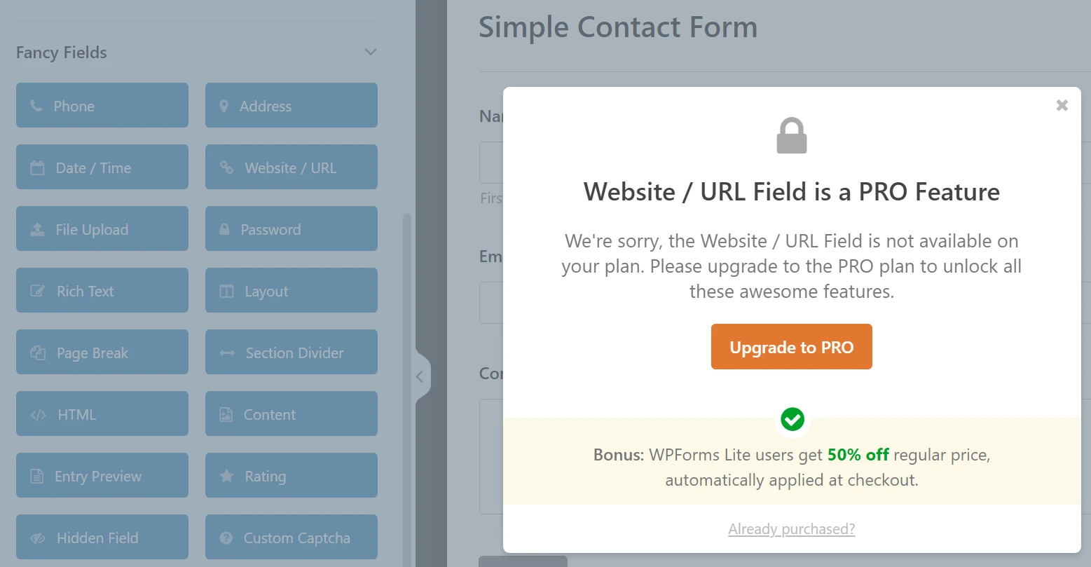 Campi premium in WPForms.