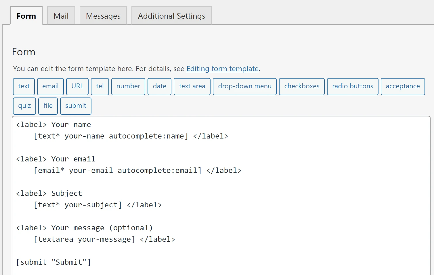 El editor del Formulario de contacto 7.