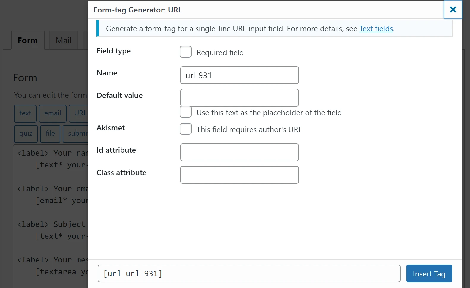 Adăugarea unui element de formular în Formularul de contact 7.