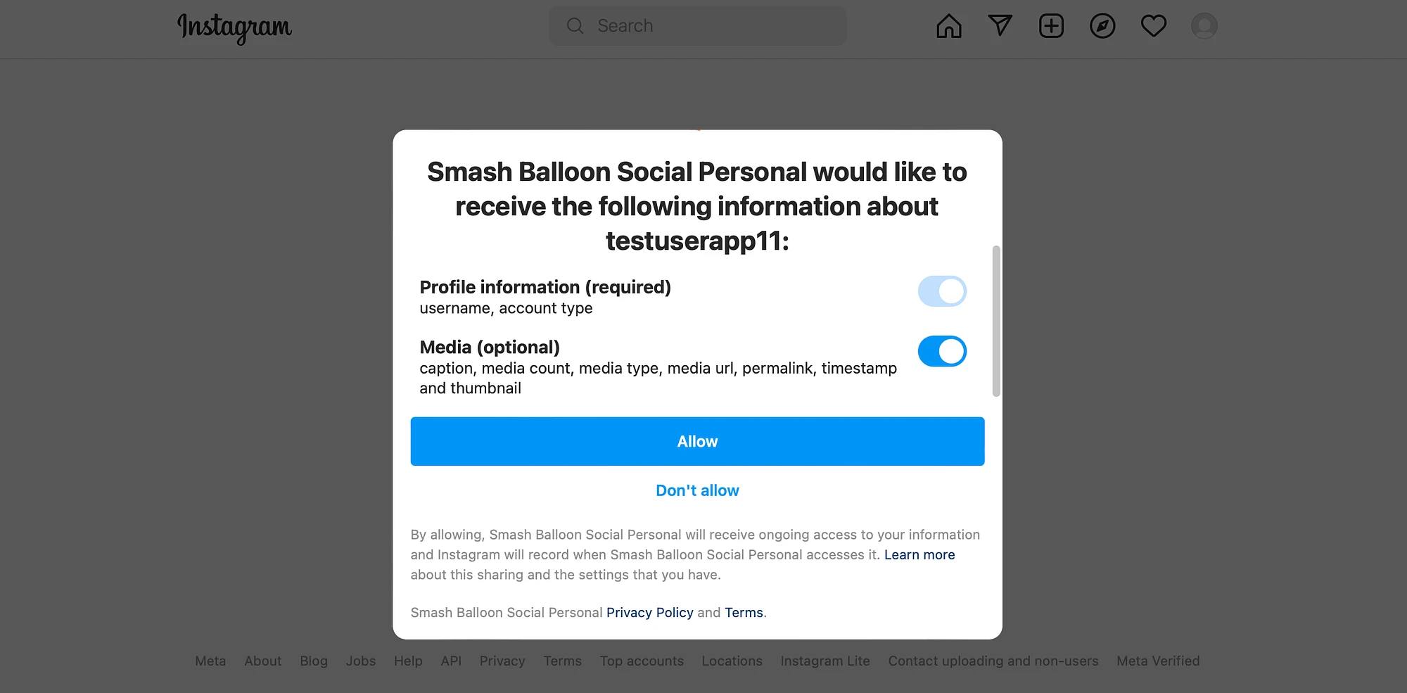 Smash Balloon Instagram-Berechtigungen.