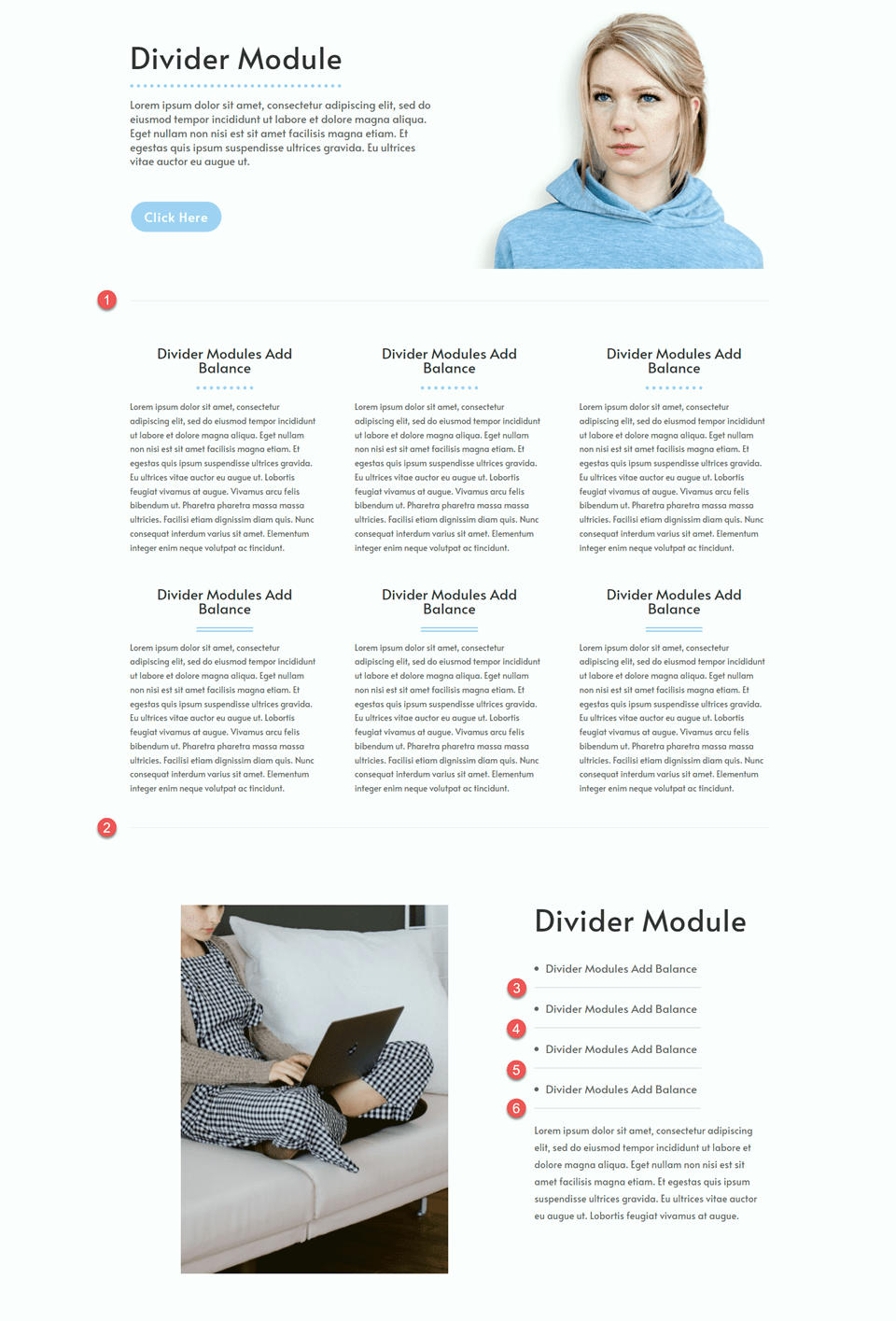 Divi usa módulo divisor para criar equilíbrio no exemplo de design 3