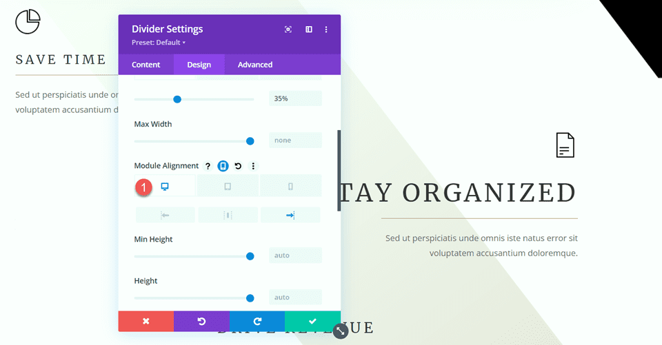 Divi usa módulo divisor para criar equilíbrio no design Align Right