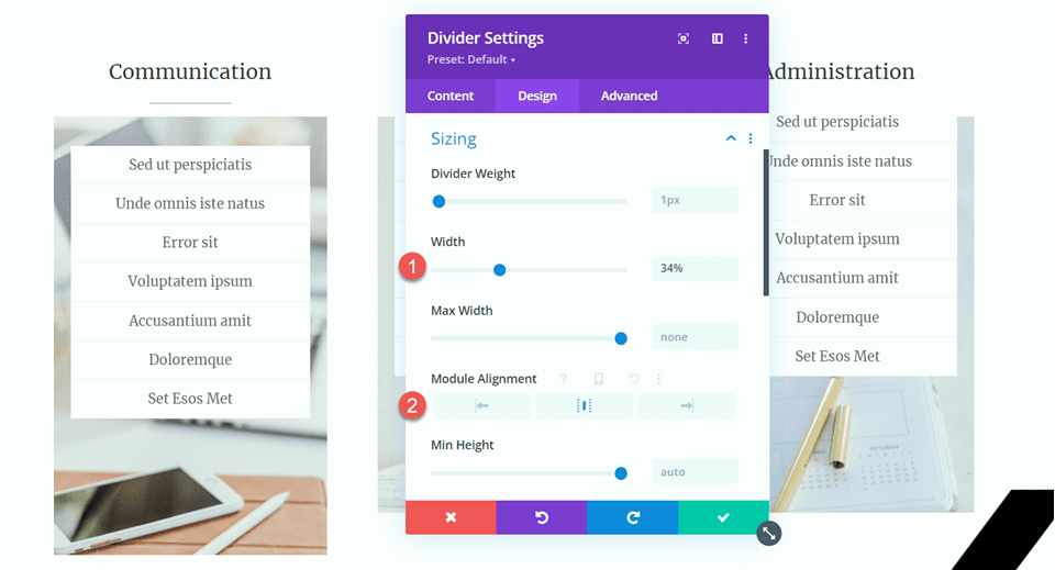 Divi usa módulo divisor para criar equilíbrio no alinhamento da largura do design