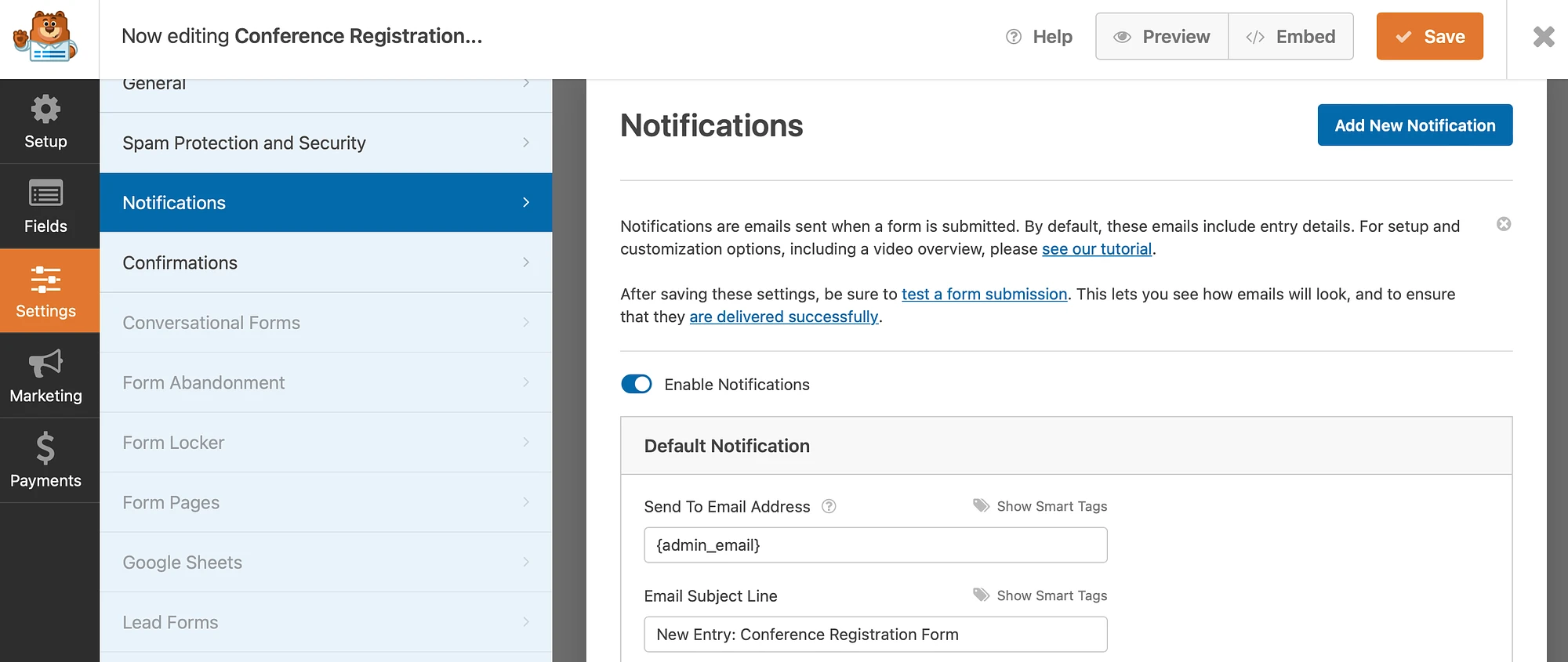 Cara menyesuaikan notifikasi WPForms.