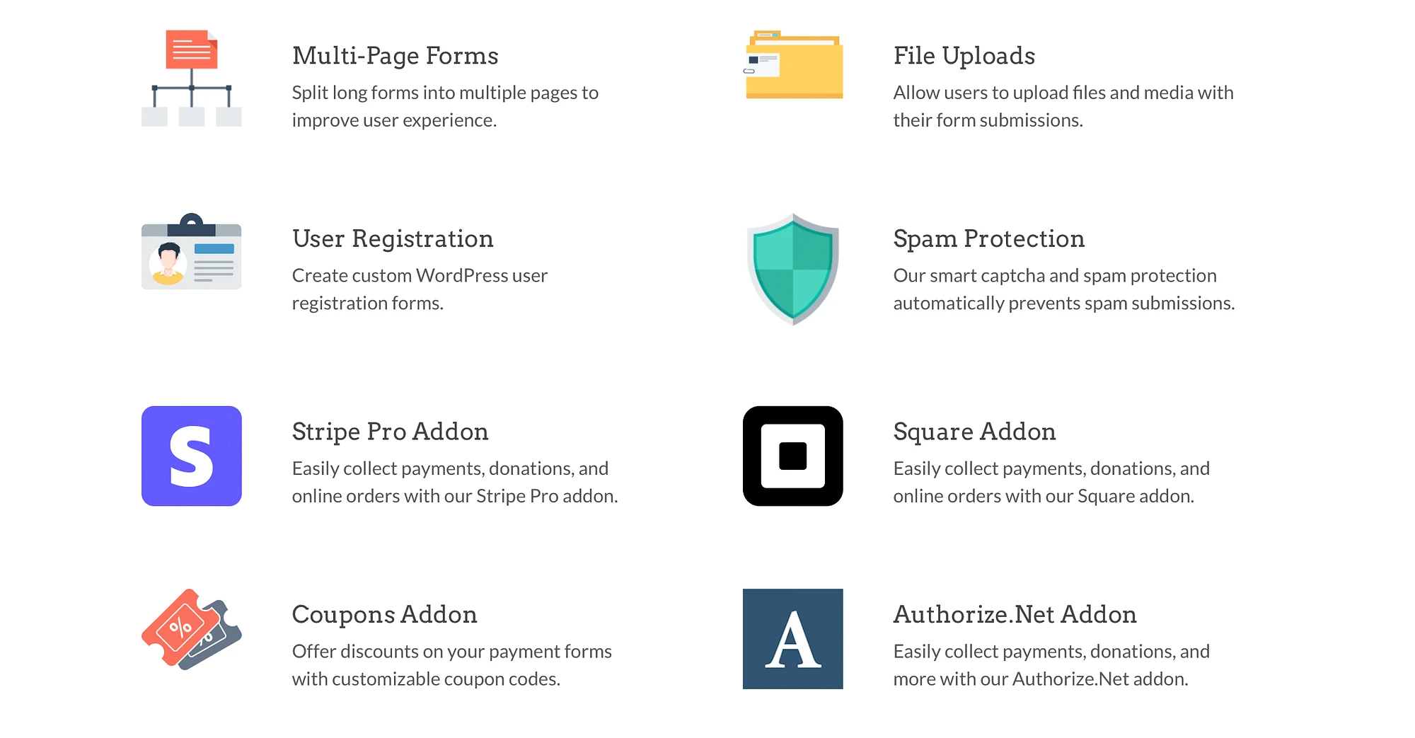 Integraciones de marketing de WPForms que muestran opciones para Stripe, Square, Authorize.net y más.