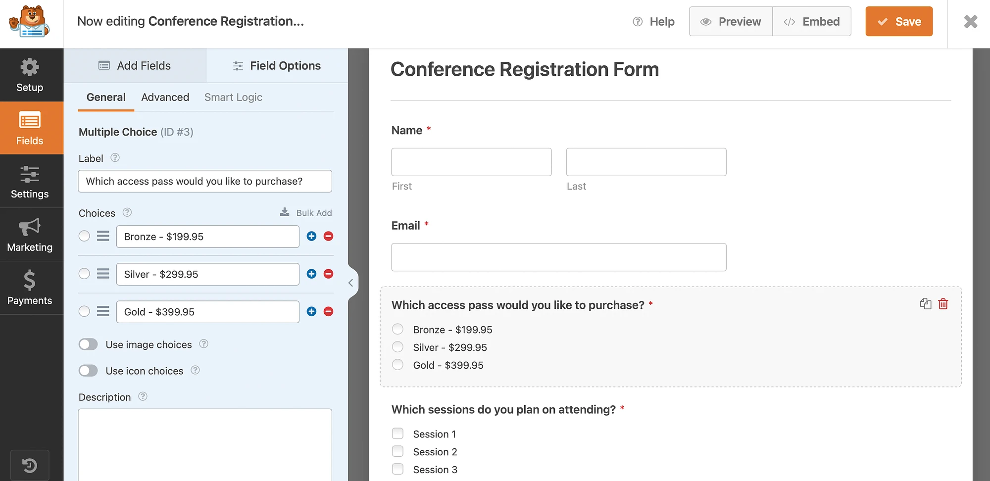 Personalizando um formulário no construtor de formulários WPForms.