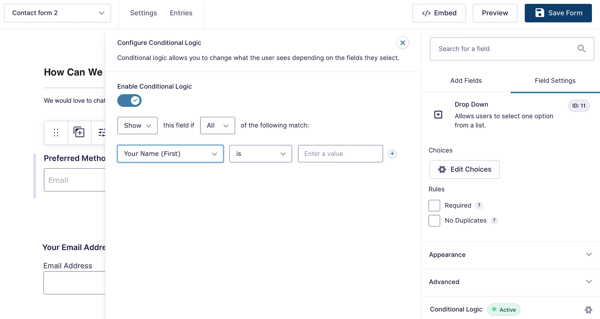 Configuración de lógica condicional en el generador de formularios Gravity Forms.