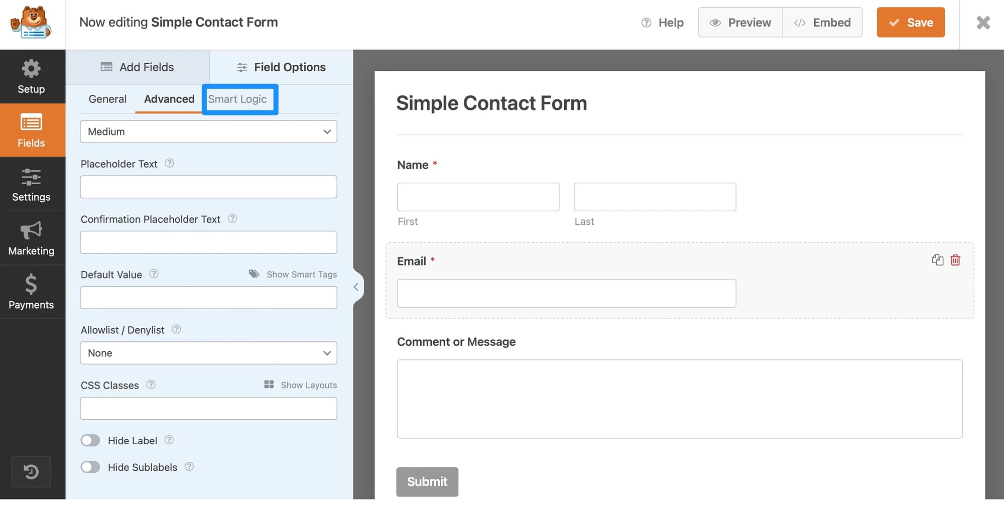 Configuración de lógica condicional en el creador de formularios WPForms.