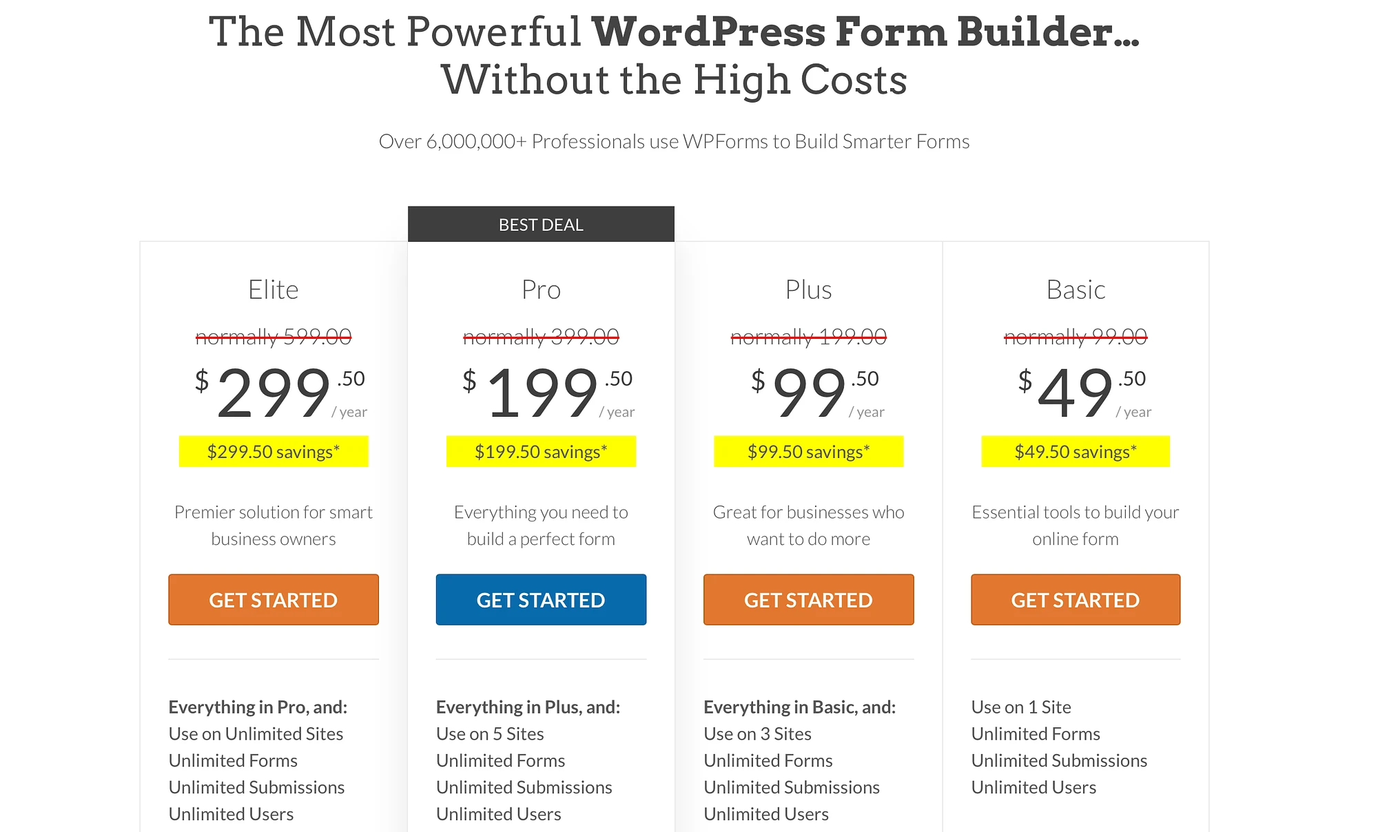 Planos de preços WPForms.