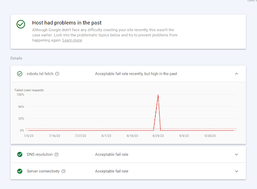 screenshot delle statistiche di scansione di Google Search Console