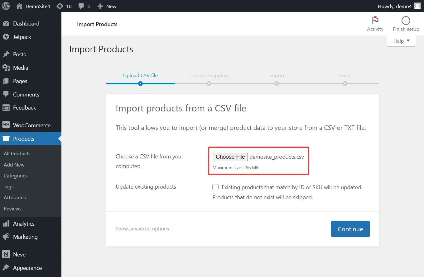 La fonctionnalité d'importation WordPress montrant le processus d'importation de produits Amazon vers WooCommerce.