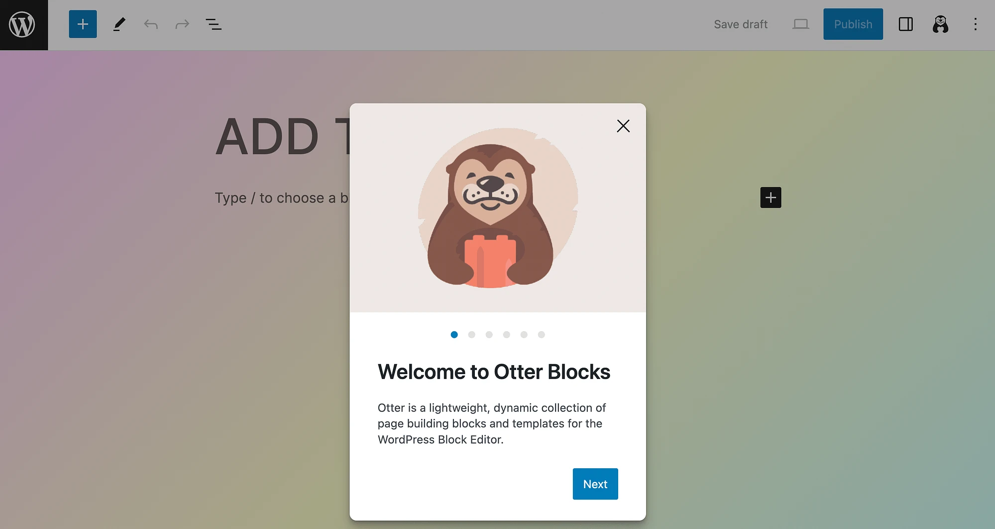 ข้อความต้อนรับของ Otter Blocks ใน WordPress Block Editor