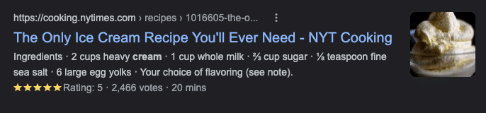 Cara Menghembuskan Kehidupan Baru ke dalam Hasil Pencarian Google Anda dengan Cuplikan Kaya. hasil penelusuran untuk "resep es krim" dengan cuplikan kaya