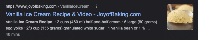 Cómo dar nueva vida a los resultados de búsqueda de Google con fragmentos enriquecidos. resultado de búsqueda de "receta de helado" sin un fragmento enriquecido