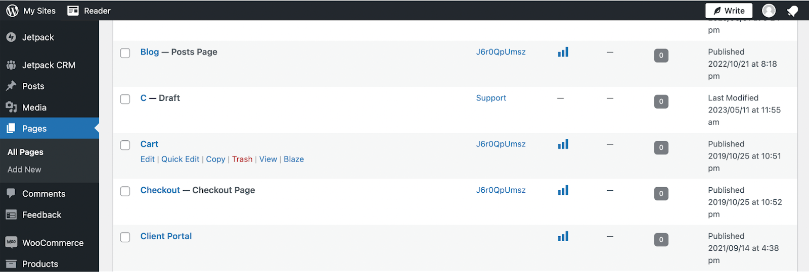 Sepet sayfanızı tamamen kaldırmak istiyorsanız WordPress kontrol panelinize ve Sayfalar'a gitmeniz yeterlidir. Daha sonra Sepet sayfasının üzerine gelip silmek için Çöp Kutusu'na tıklayabilirsiniz.