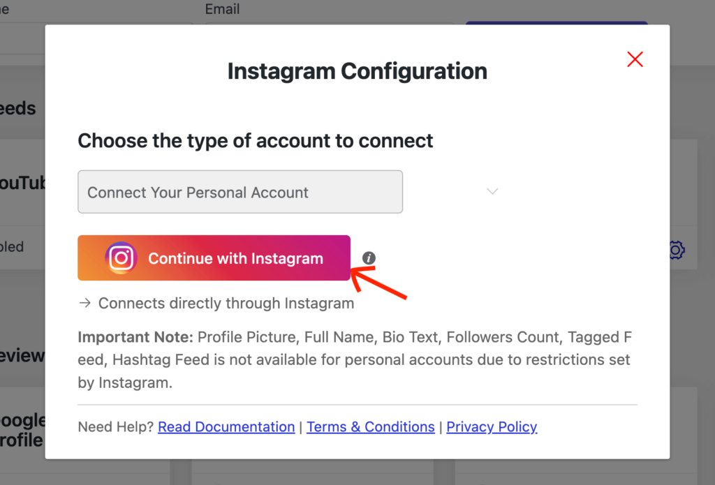 Agregar feed de Instagram - Continuar con Instagram