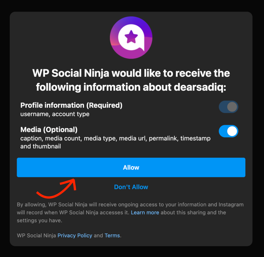 Aggiungi feed Instagram: consenti a WP Social Ninja di accedere a Instagram