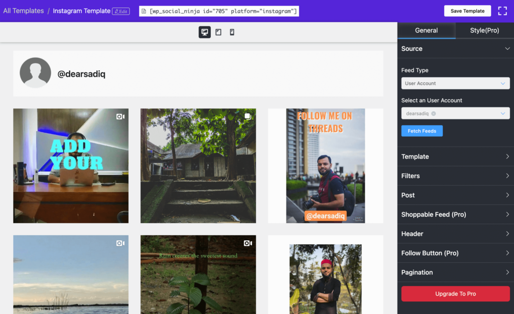 WP Social Ninja - Página de personalización de plantillas de Instagram