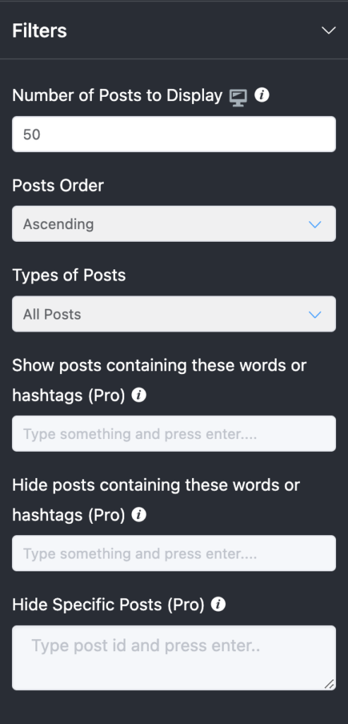 Aggiungi feed Instagram: utilizza i filtri per organizzare il tuo modello