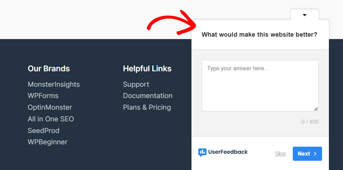 UserFeedback popup survey example