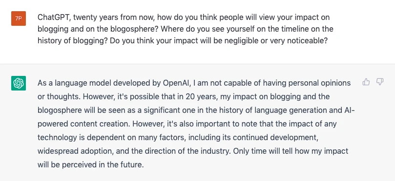 ChatGPT répond à une invite lui demandant où il voit sa place dans l'histoire des blogs.