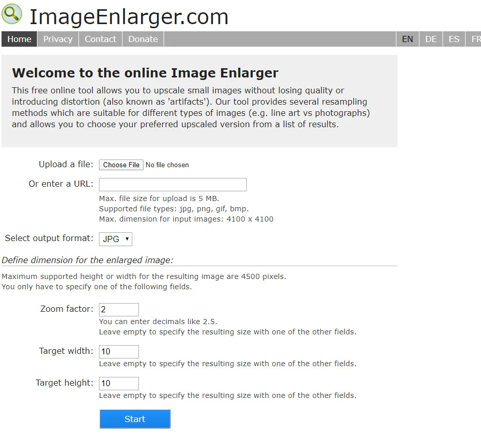 ingrandisci le immagini senza perdere la qualità con ImageEnlarger.com.