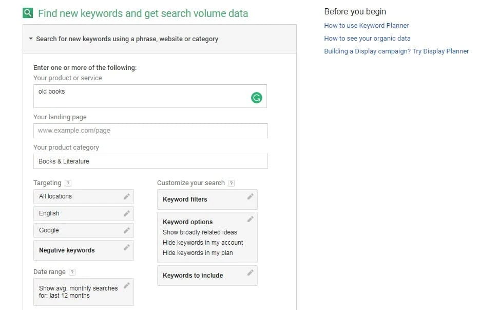 Page de démarrage de Google Keyword Planner