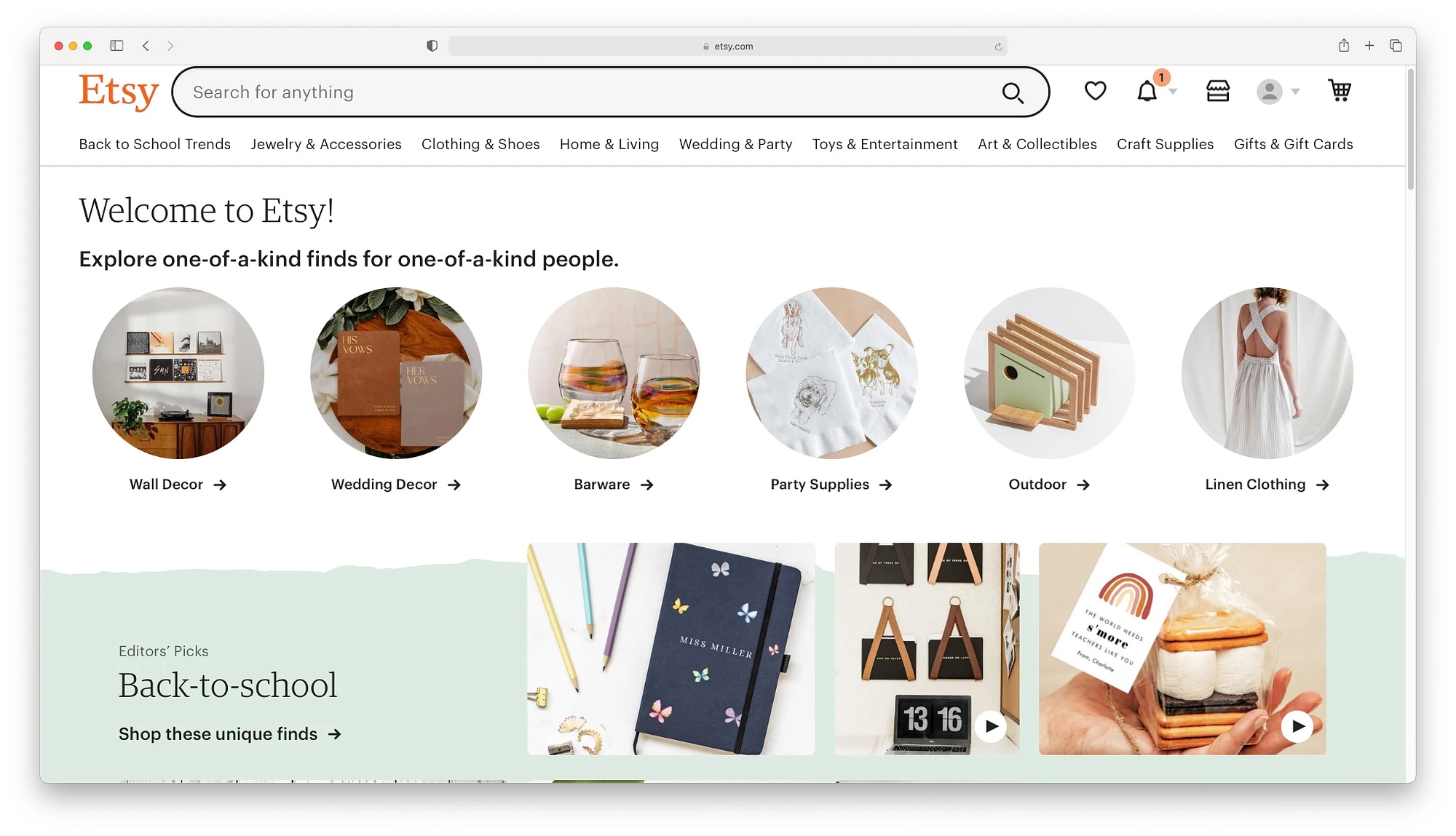 La home page di Etsy