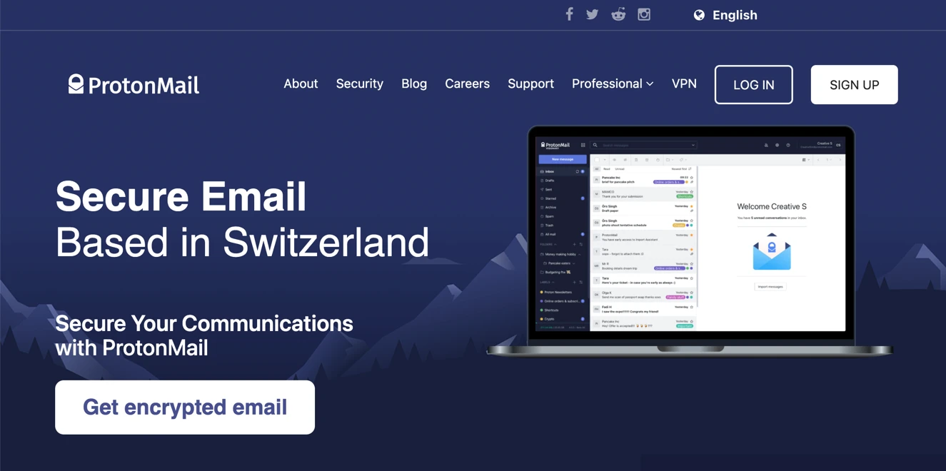 La page d'accueil de ProtonMail.