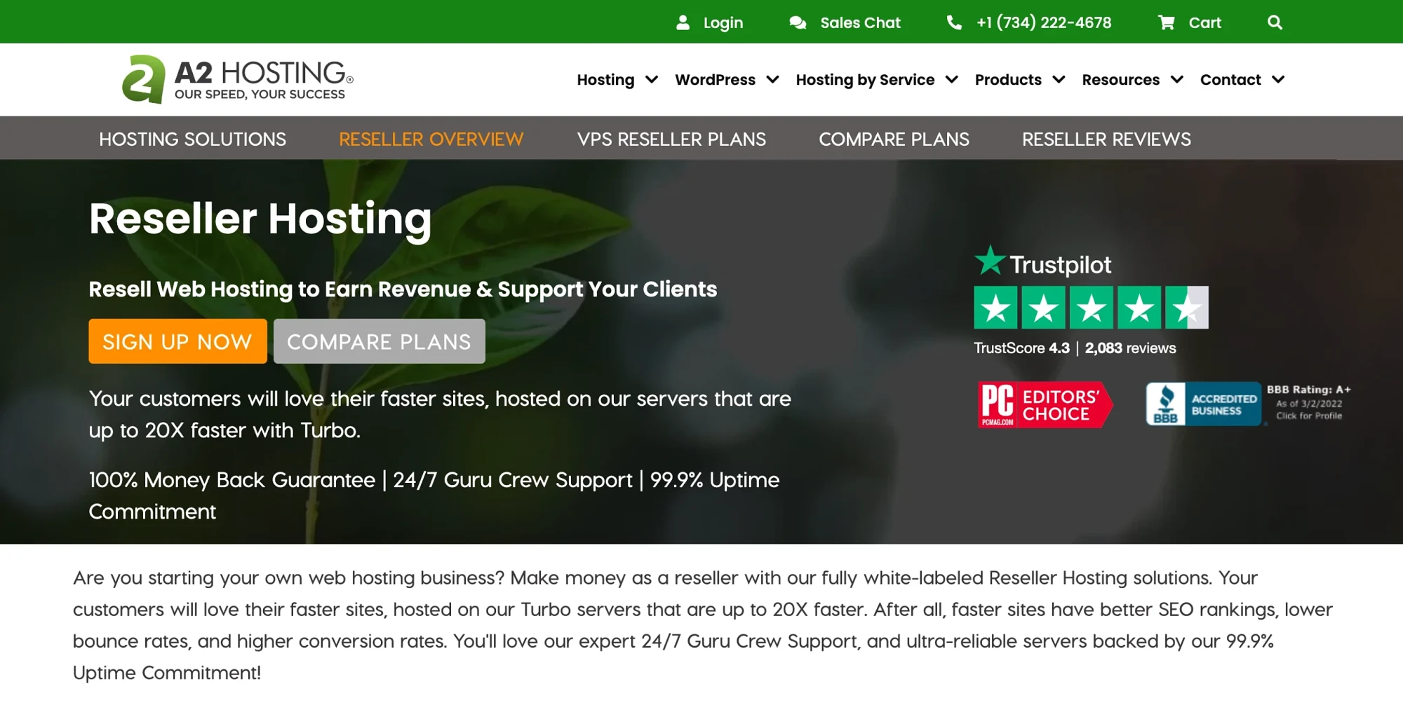 A2 Hosting Reseller Hosting Page