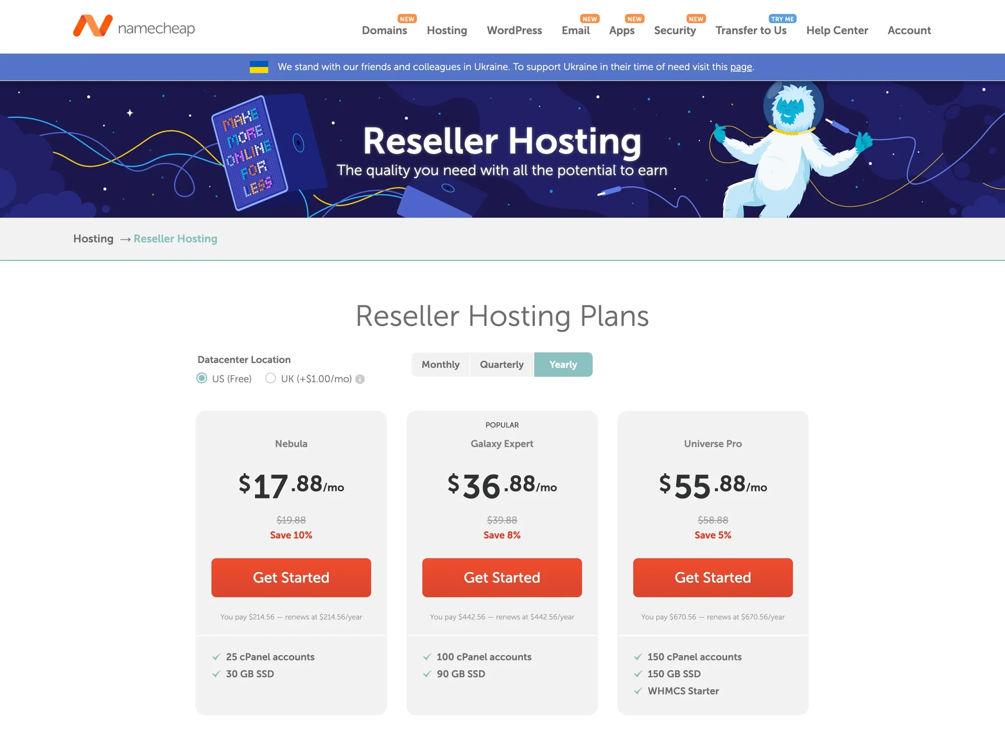 Pagina de găzduire pentru reselleri Namecheap