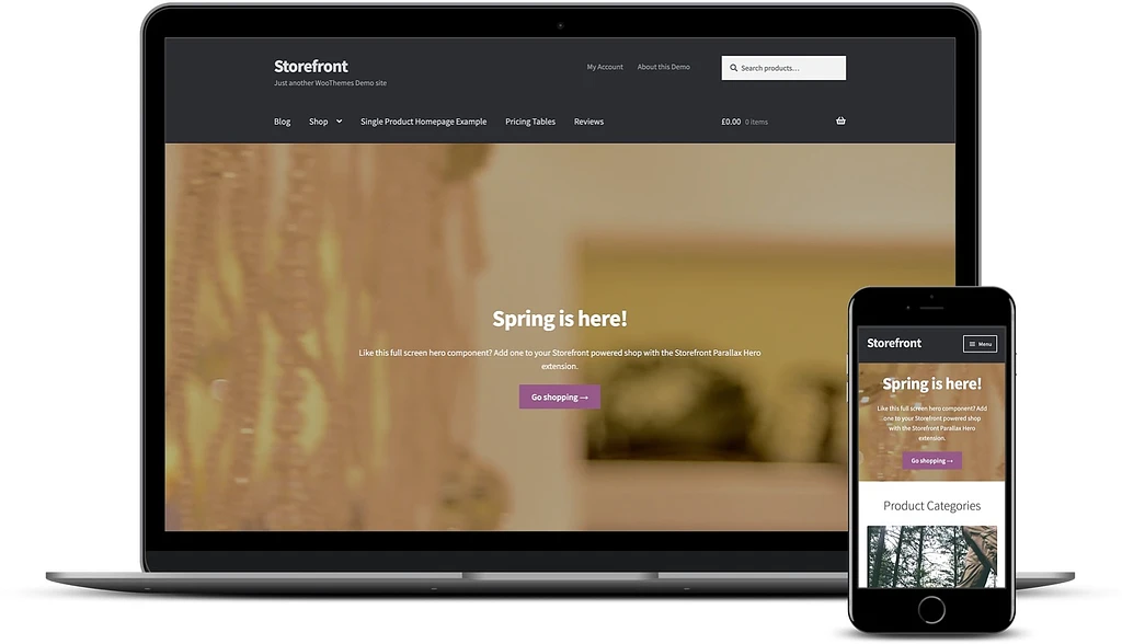 최고의 무료 WooCommerce 테마: 데스크탑 및 모바일의 Storefront.