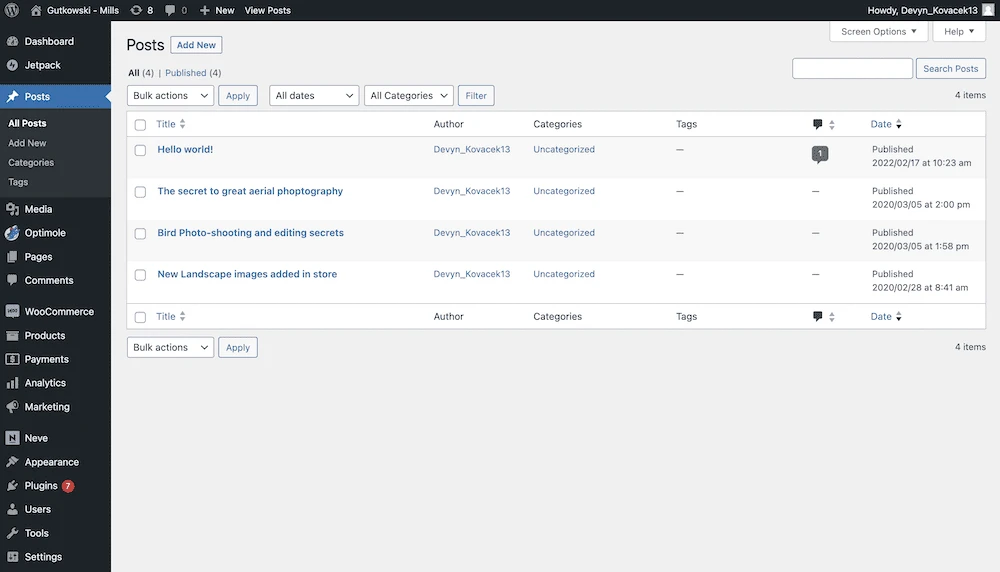 O painel do WordPress mostrando uma lista de postagens.