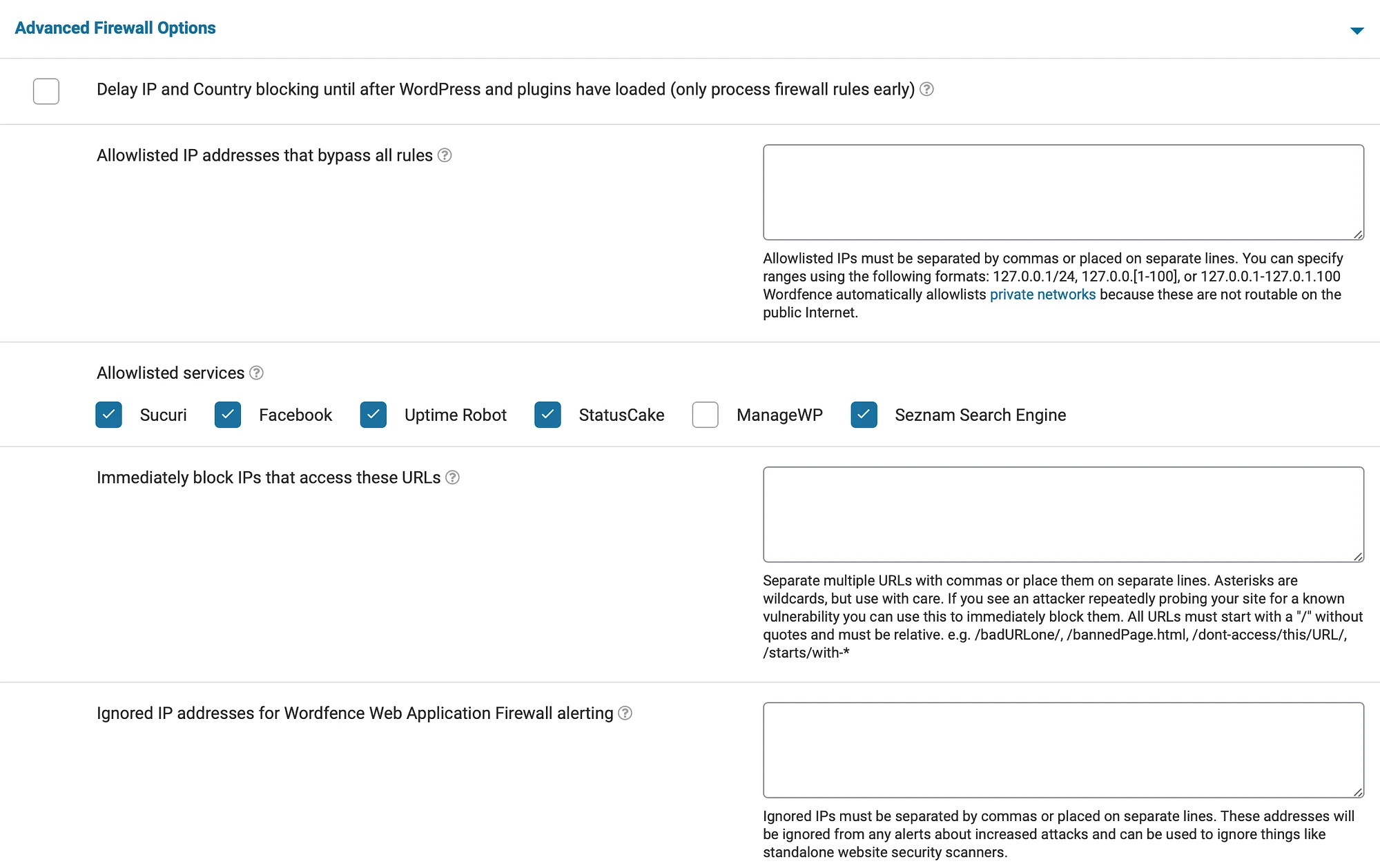 Setări avansate de firewall pentru Wordfence Security.