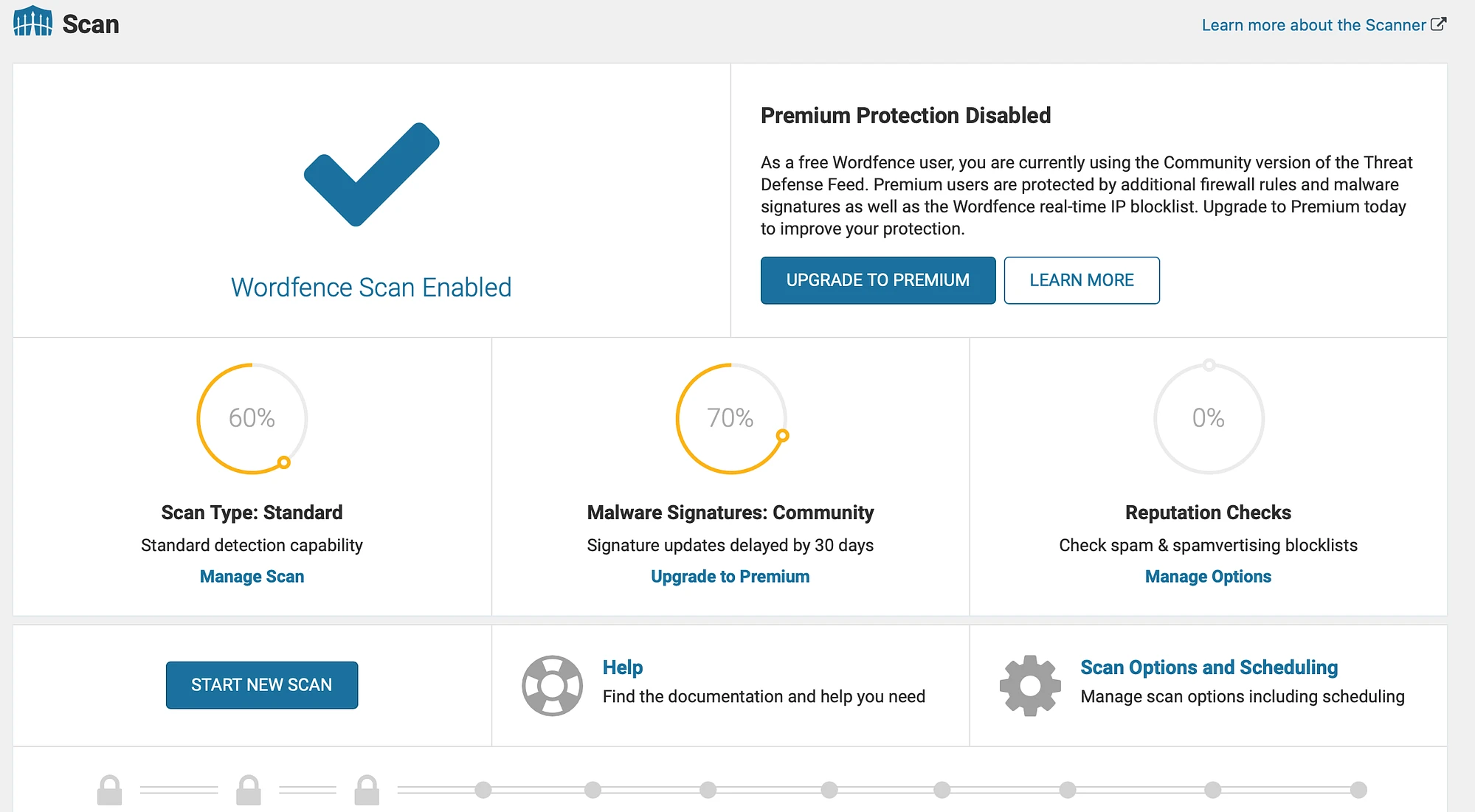 Opțiuni de scanare malware în versiunea gratuită a Wordfence Security.