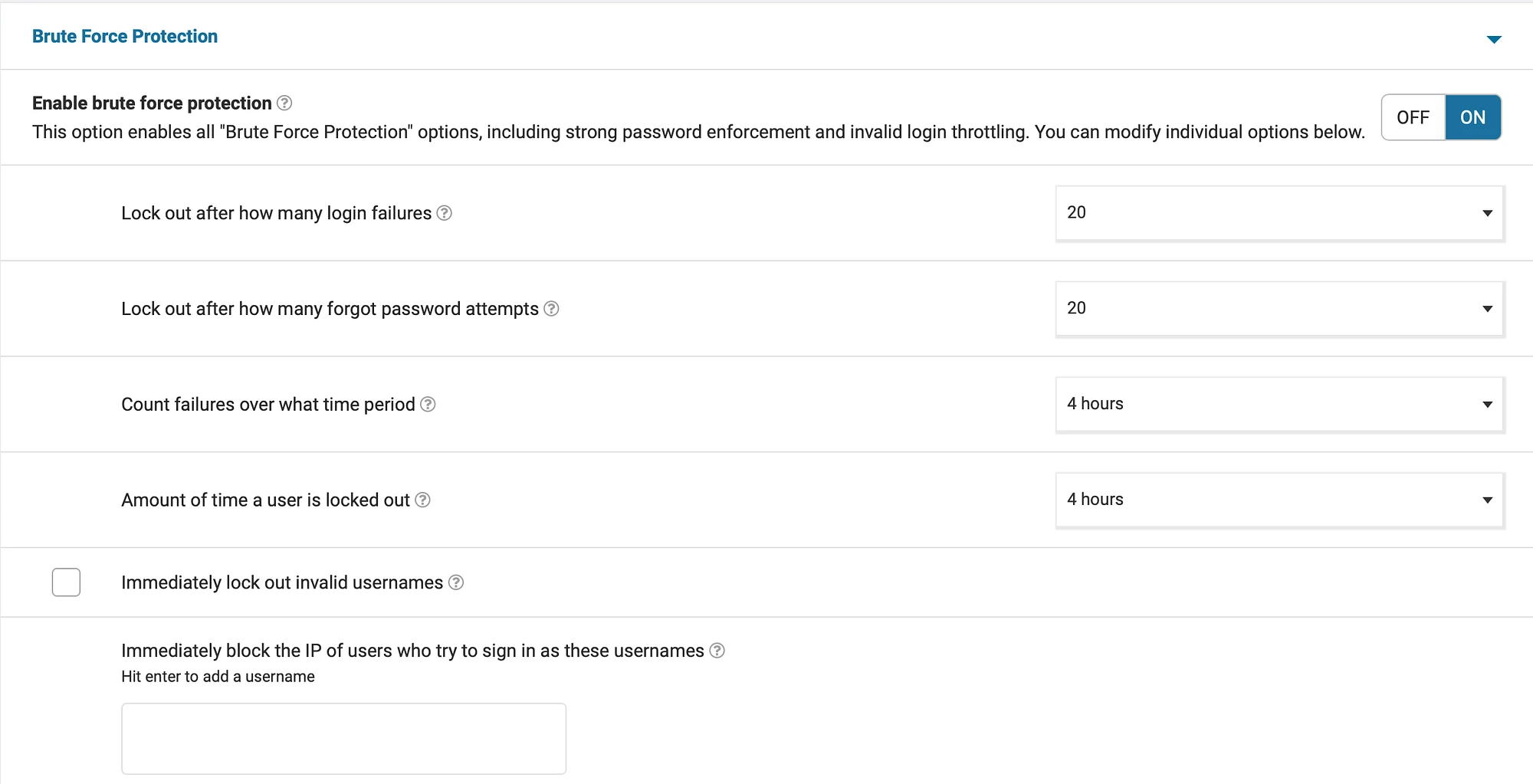 Wordfence のブルート フォース保護設定。