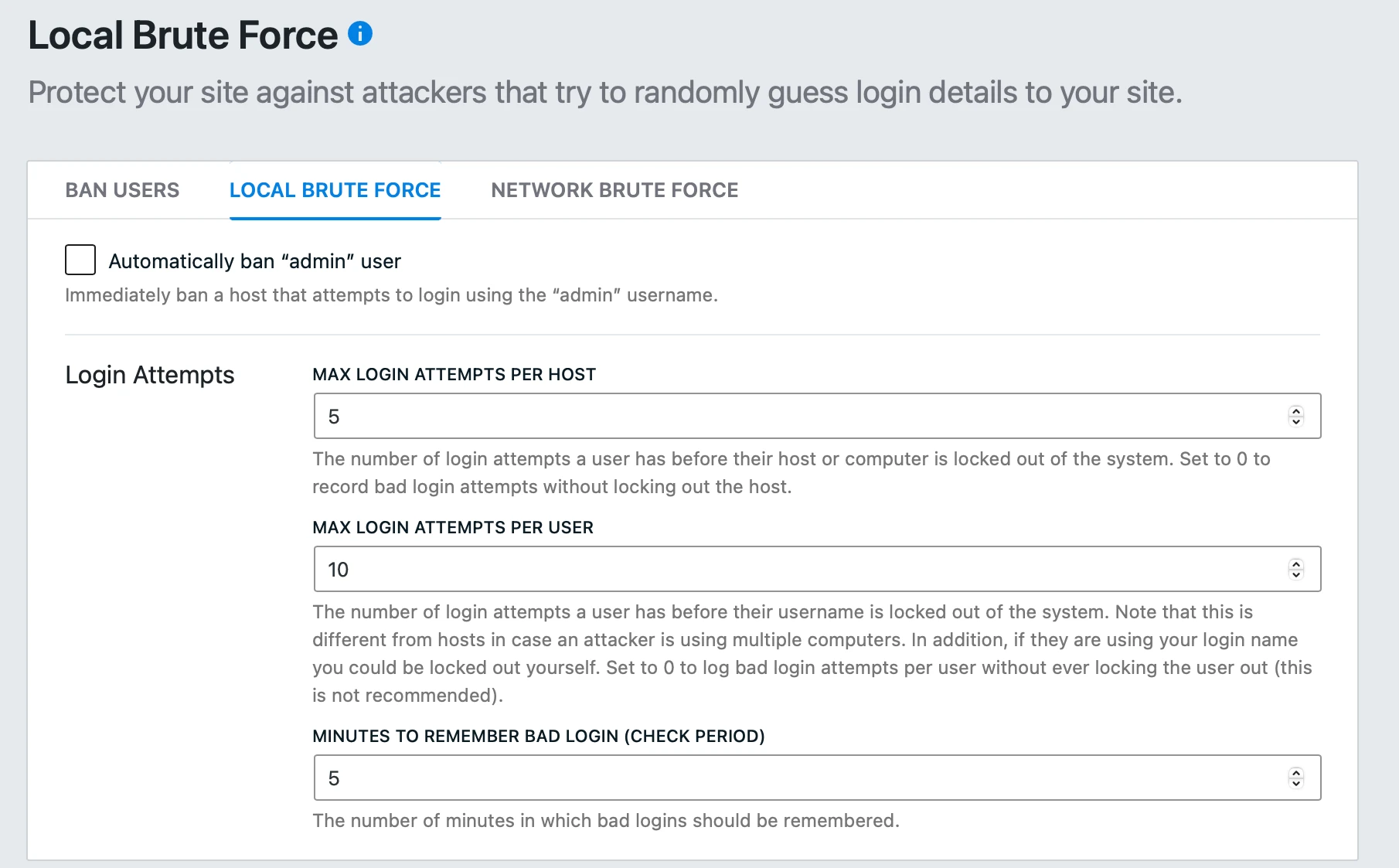 Impostazioni di protezione dalla forza bruta di iThemes.