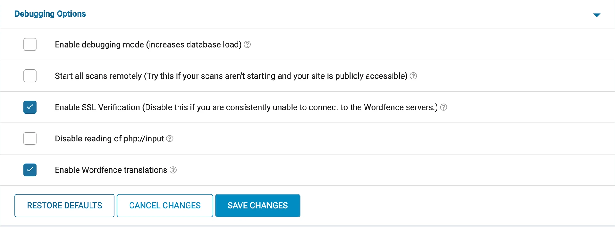 Wordfence Security'deki hata ayıklama seçenekleri.