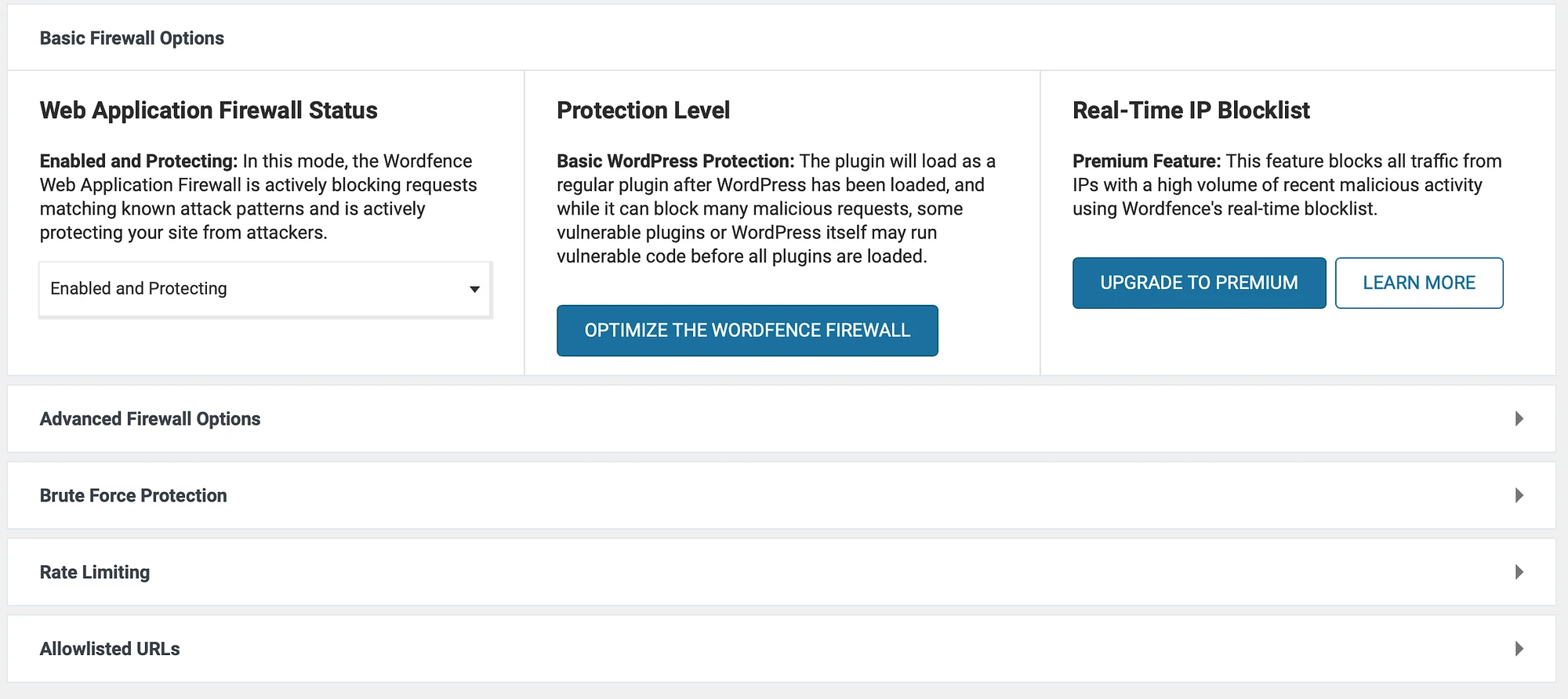 Impostazioni di base del firewall di Wordfence Security.