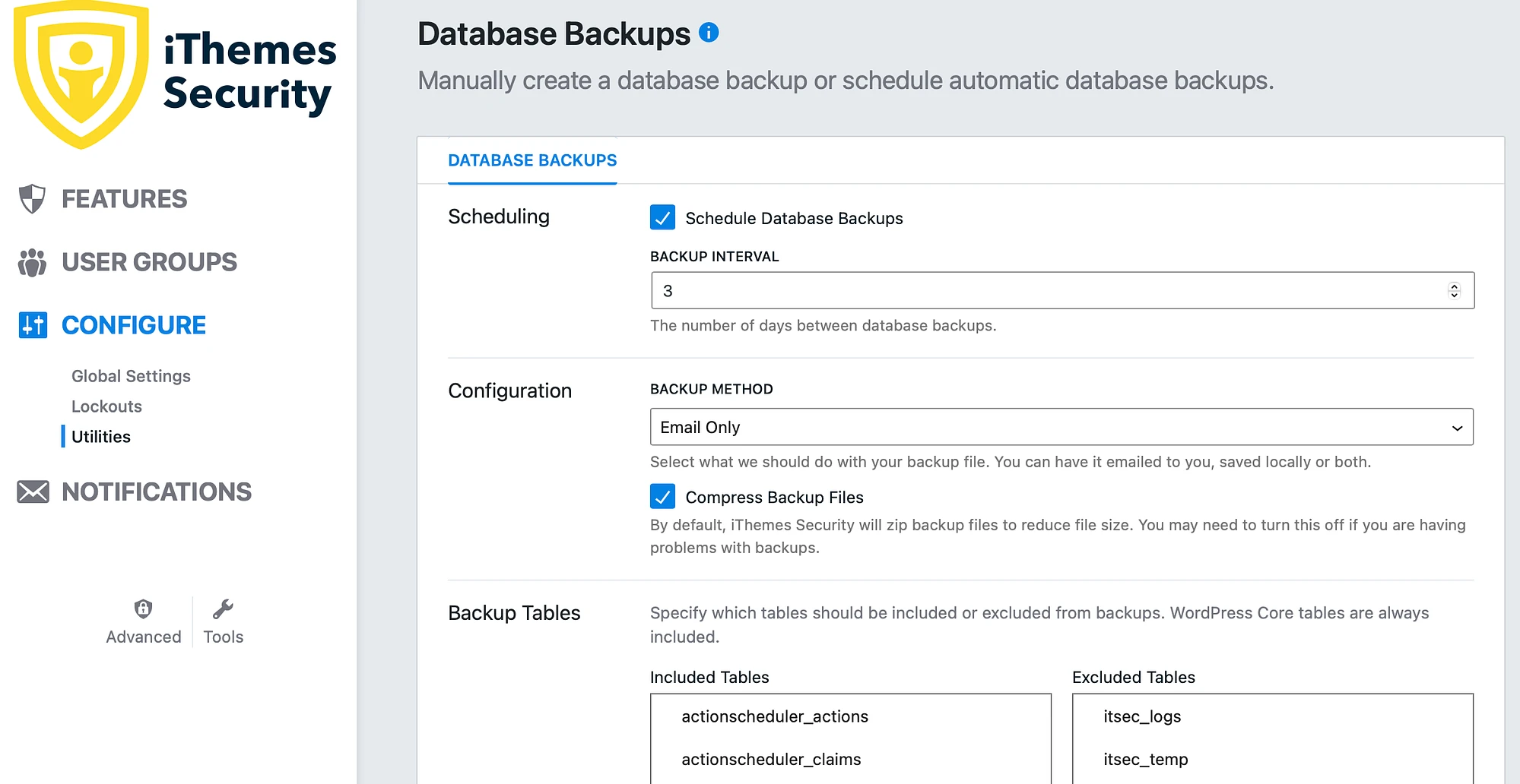 Ecranul de backup al bazei de date iThemes.