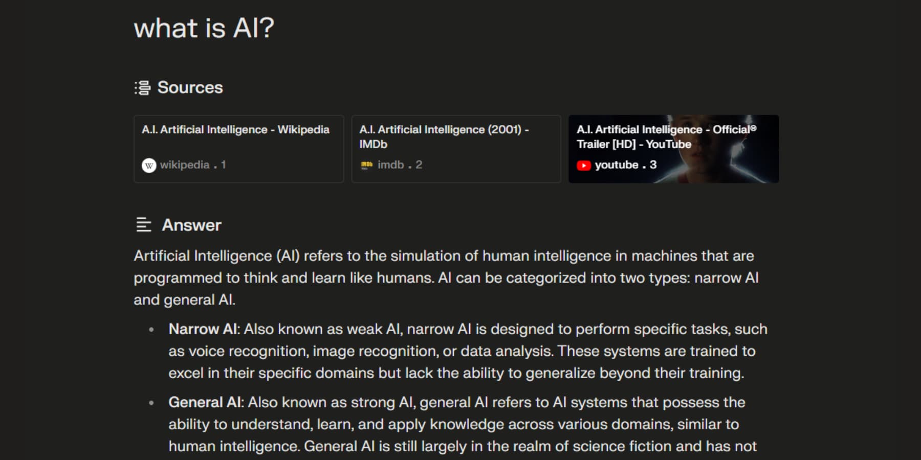 ภาพหน้าจอของ Perplexity AI อธิบายว่า AI คืออะไร