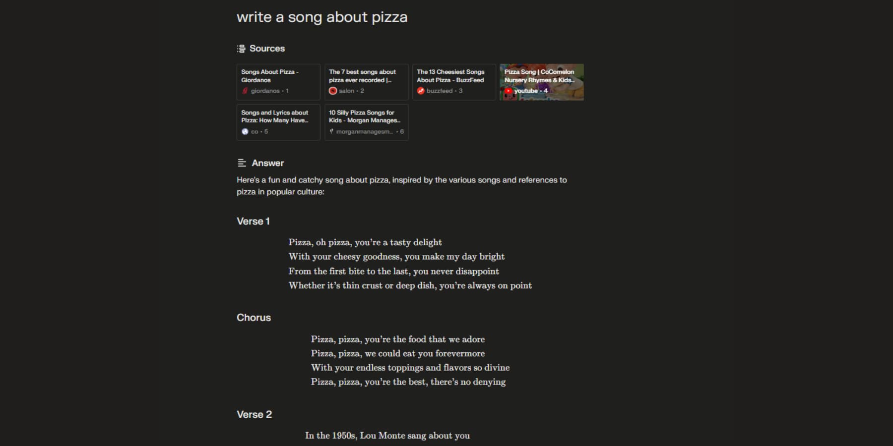 Une capture d'écran de Perplexity AI écrivant une chanson sur la pizza